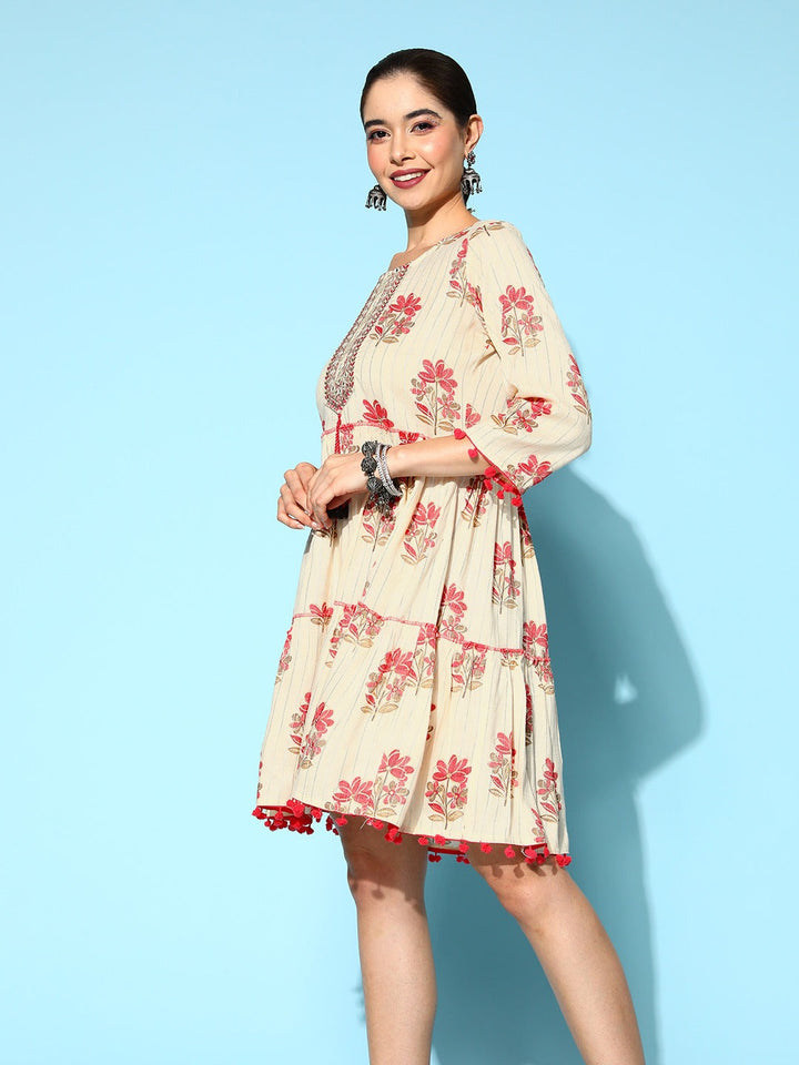 Beige & Pink Floral Pure Cotton Ethnic Dress-Yufta Store-1247DRSPKS