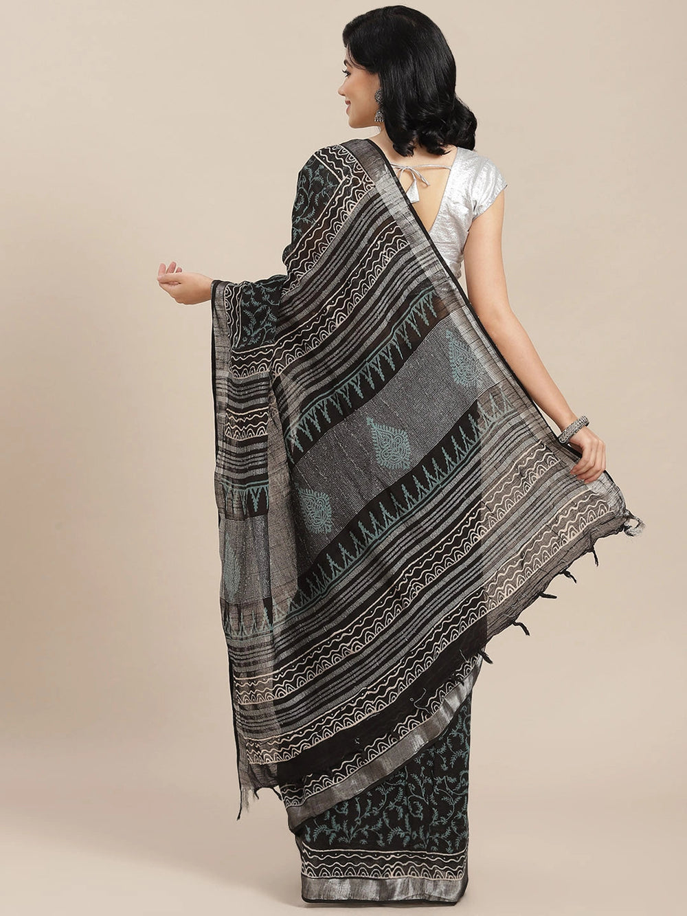 Black Cotton Linen Saree-Yufta Store-6045SARBK