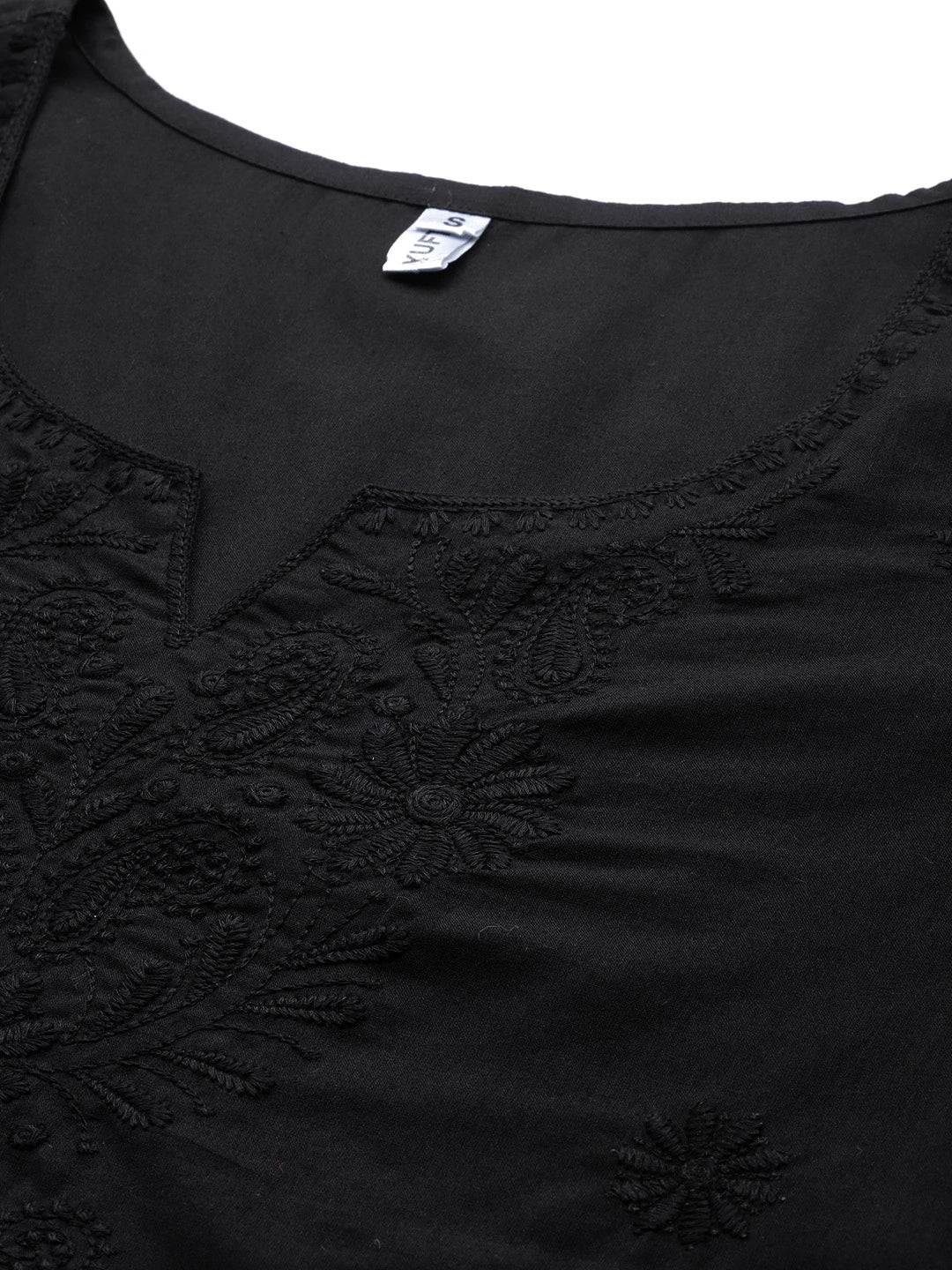 Black Floral Chikankari Embroidered Pure Cotton Top-Yufta Store-1861TOPBKS