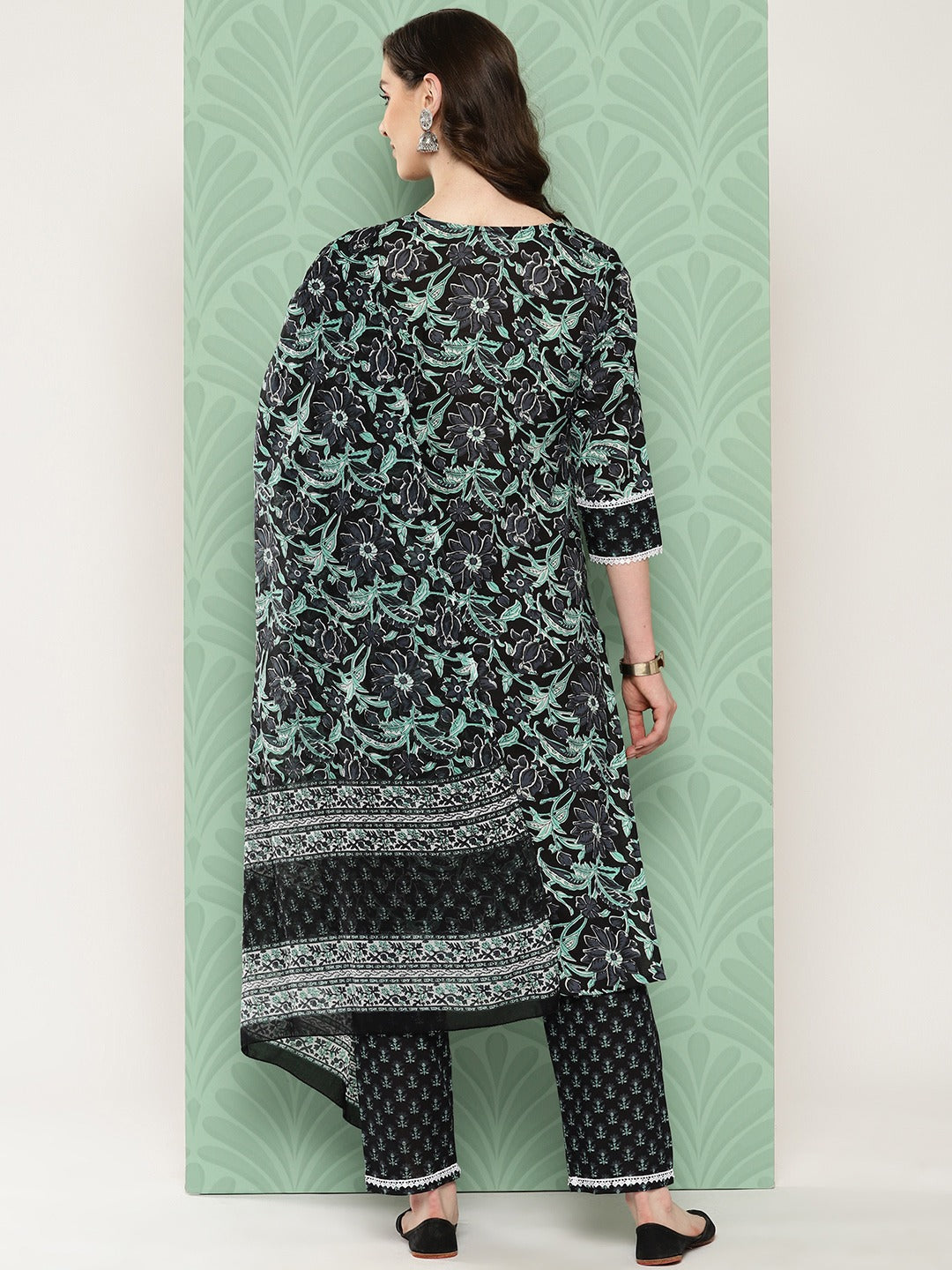 Black Floral Printed Regular Pure Cotton Kurta with Trousers & With Dupatta Set-Yufta Store-1345SKDBKS