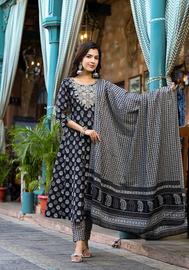 Black Pure Cotton Anarkali Dori_Embroidery Kurta Trouser With Dupatta Set