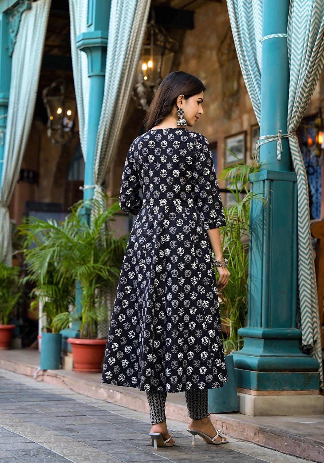 Black Pure Cotton Anarkali Dori_Embroidery Kurta Trouser With Dupatta Set