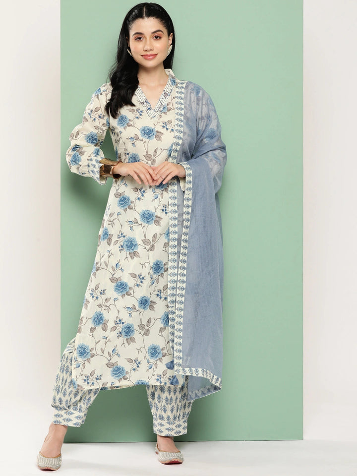 Blue And Cream Floral Printed Regular Pure Cotton Kurta with Harem pants & Dupatta Set-Yufta Store-1438SKDBLS