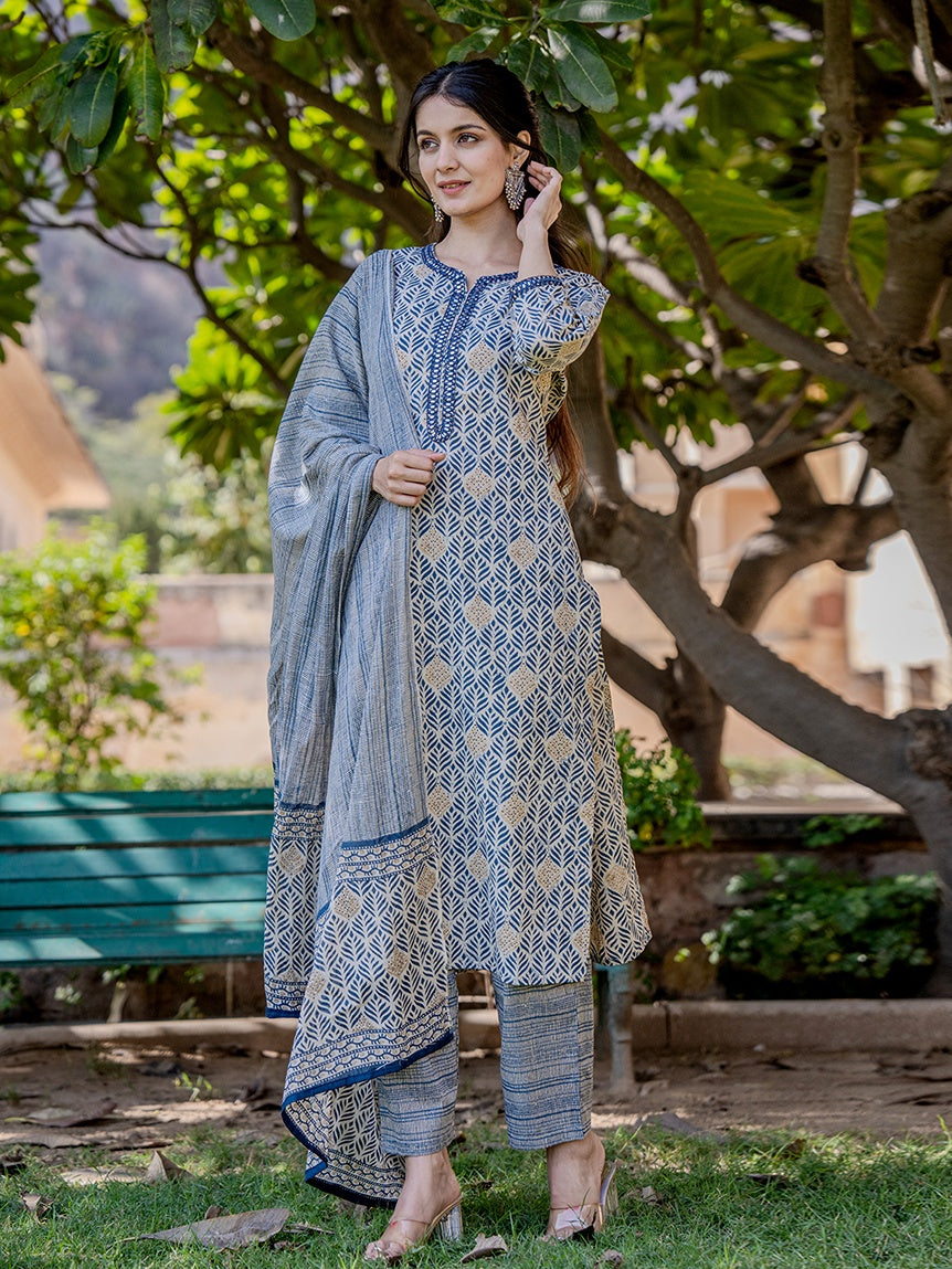 Blue Cotton Three Quarter Regular Sleeves Straight Kurta Dupatta Set-Yufta Store-1830SKDBLS