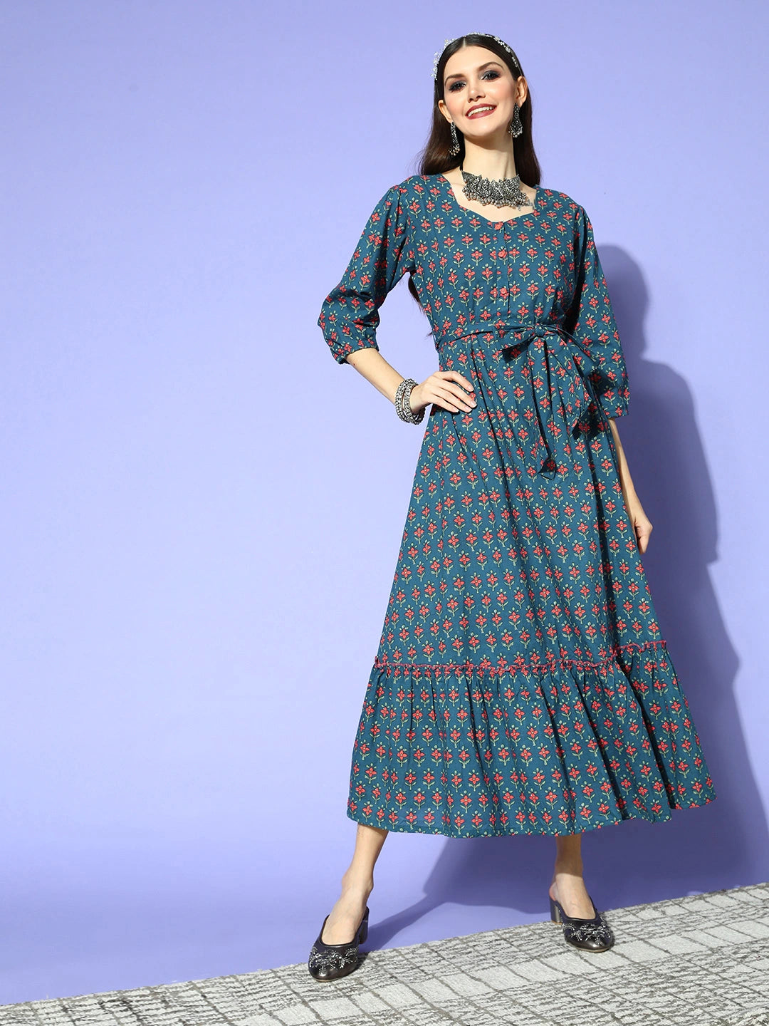 Blue Ethnic Cotton Dress-Yufta Store-9444DRSBLS