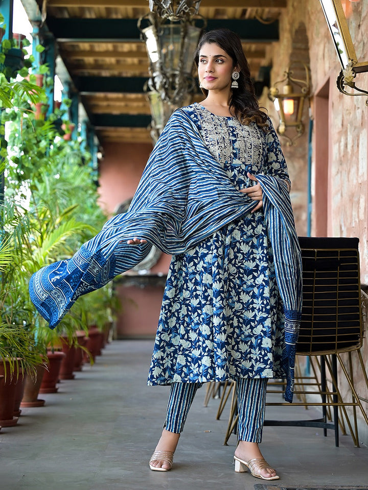 Blue Floral Dori_Embroidery Kurta Trouser With Dupatta Set-Yufta Store-1724SKDBLS