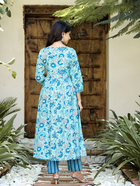 Blue Floral Print Regular Pure Cotton Kurta With Trousers & Dupatta-Yufta Store-1197SKDSBS
