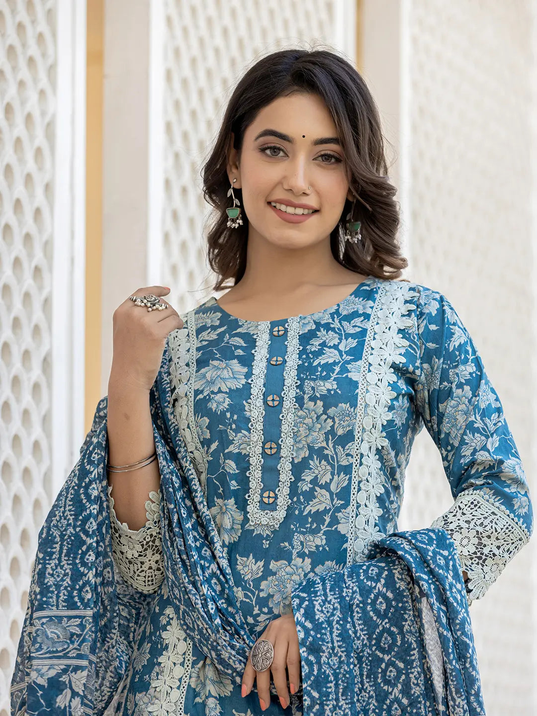 Blue Floral Print Straight Pakistani Style Kurta Trouser And Dupatta Set With Lace Work-Yufta Store-6884SKDBLM