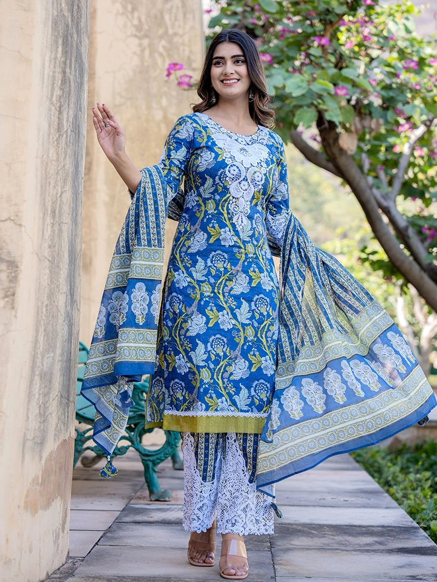 Blue Floral Print,Thread_Work Pakistani Style Kurta Trouser And Dupatta Set-Yufta Store-1992SKDBLS