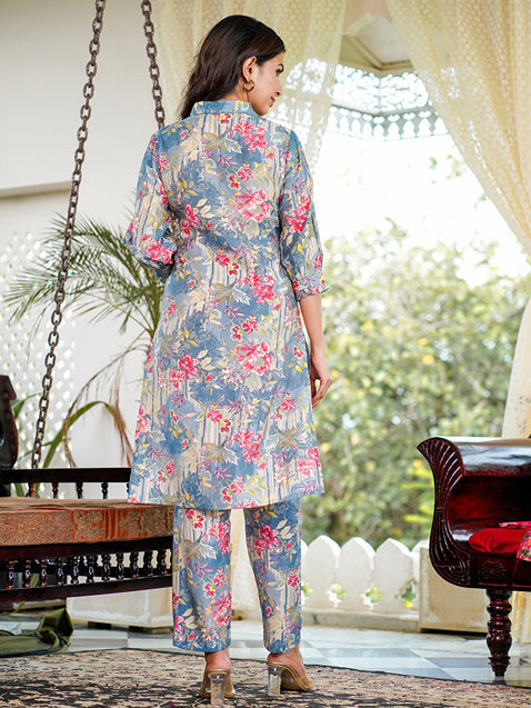 Blue Muslin silk Floral Print Co-ord set with embroidery buttons-Yufta Store-1588CRDBLS