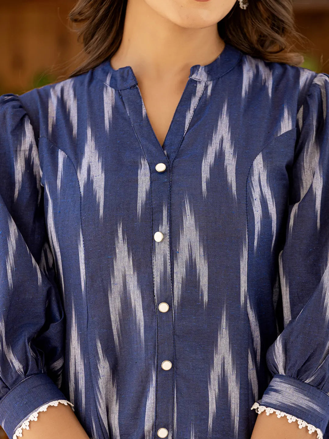 Cotton Blue Ikat Print Puffed Sleeve Tops-Yufta Store-1524TOPBLS