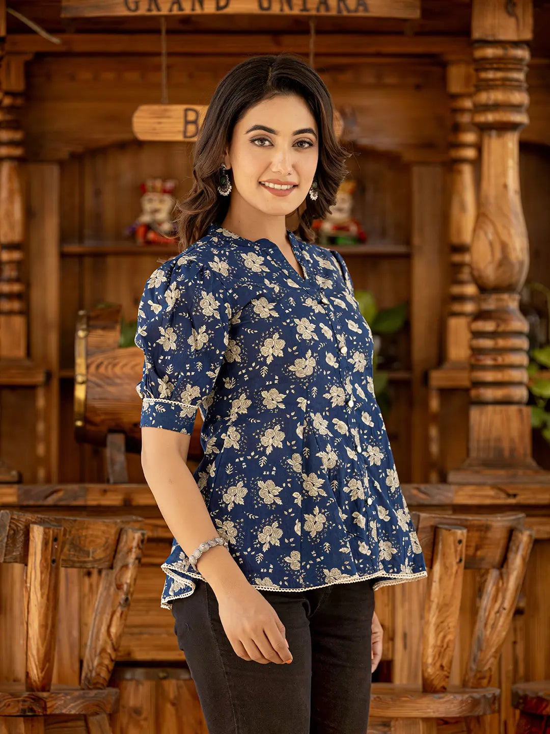 Cotton Navy Blue Puffed Sleeve Tops-Yufta Store-1524TOPNBS