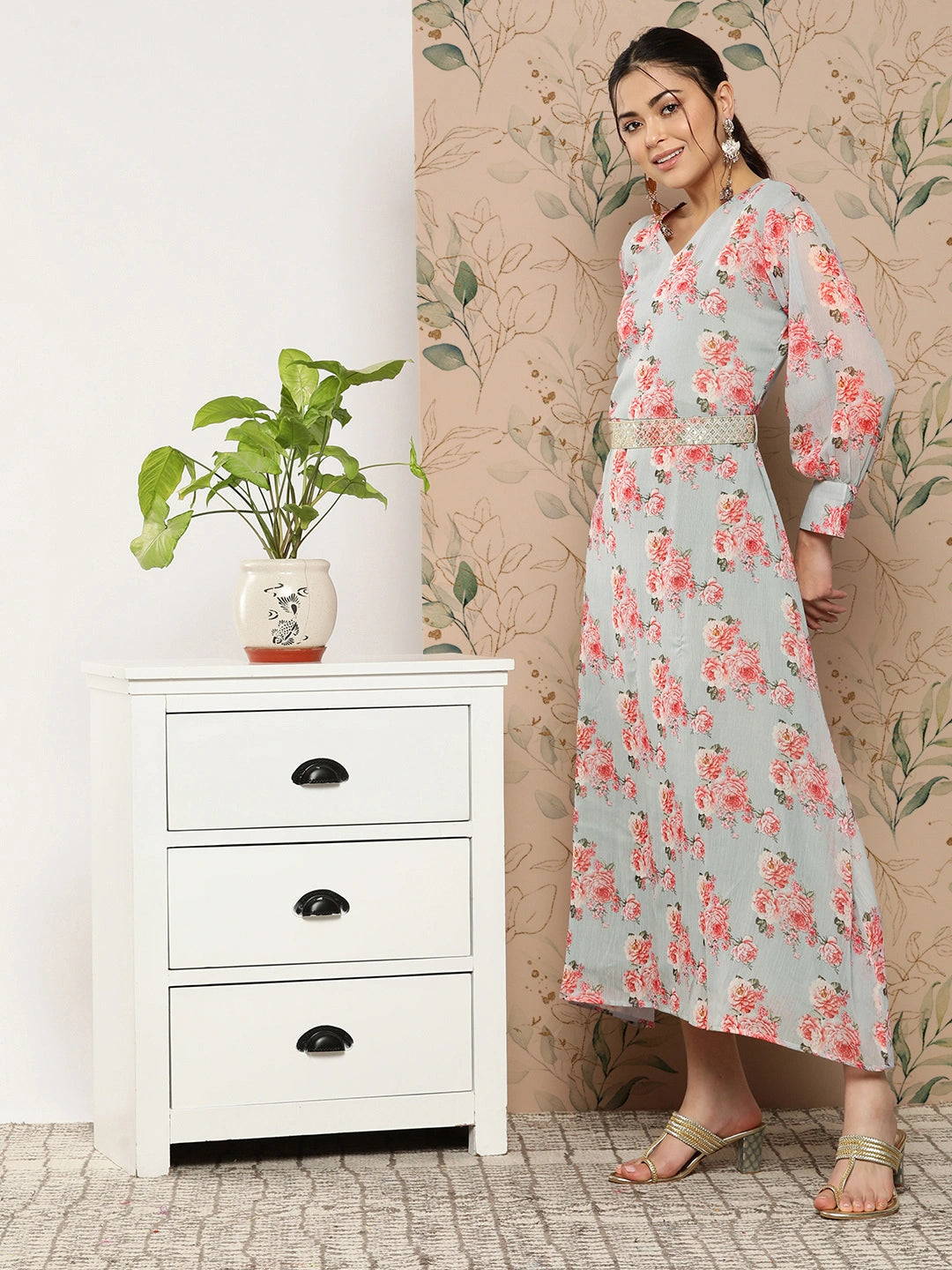 Floral Chiffon A-Line Midi Dress-Yufta Store-8514DRSGYS