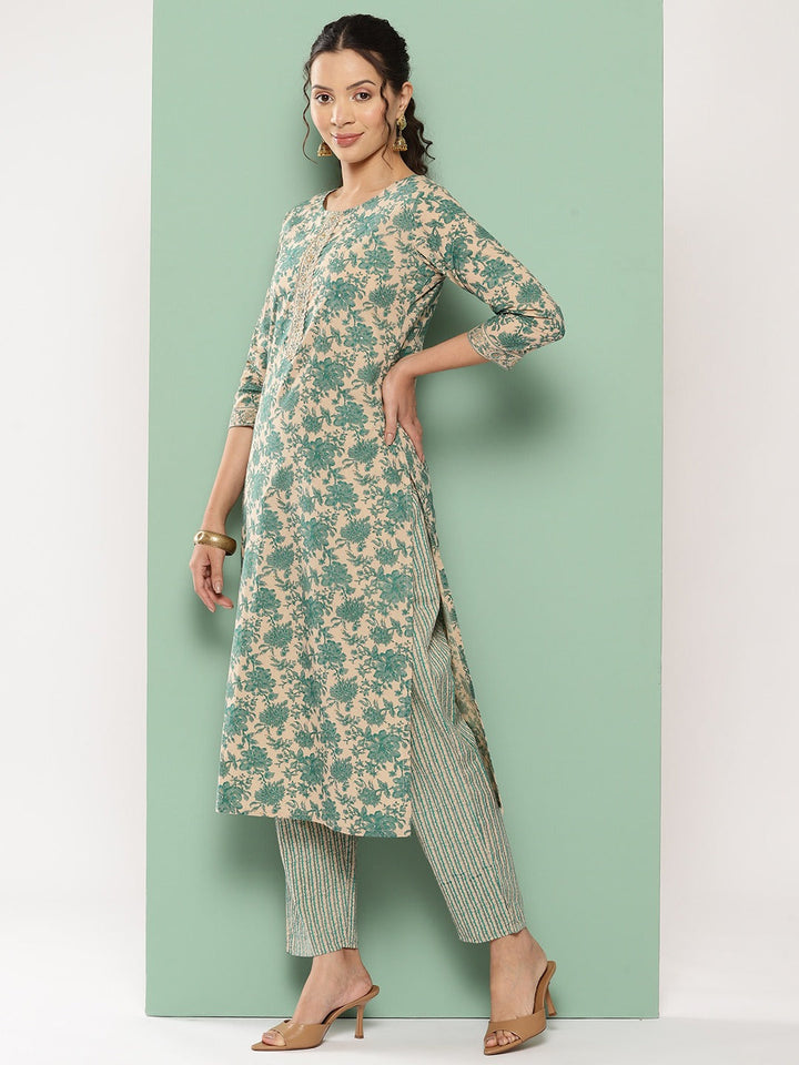 Floral Print Cotton Kurta with Trousers & Dupatta-Yufta Store-1353SKDPCS