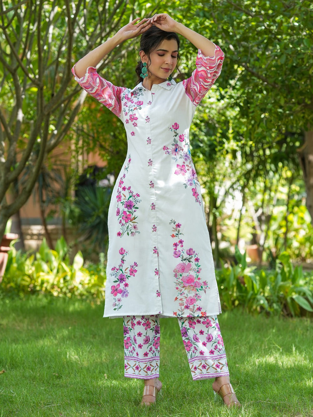 Floral Print Shirt Collar Flared Sleeves Straight Pure Cotton Kurta with Trousers Co-Ords-Yufta Store-1494CRDPKS
