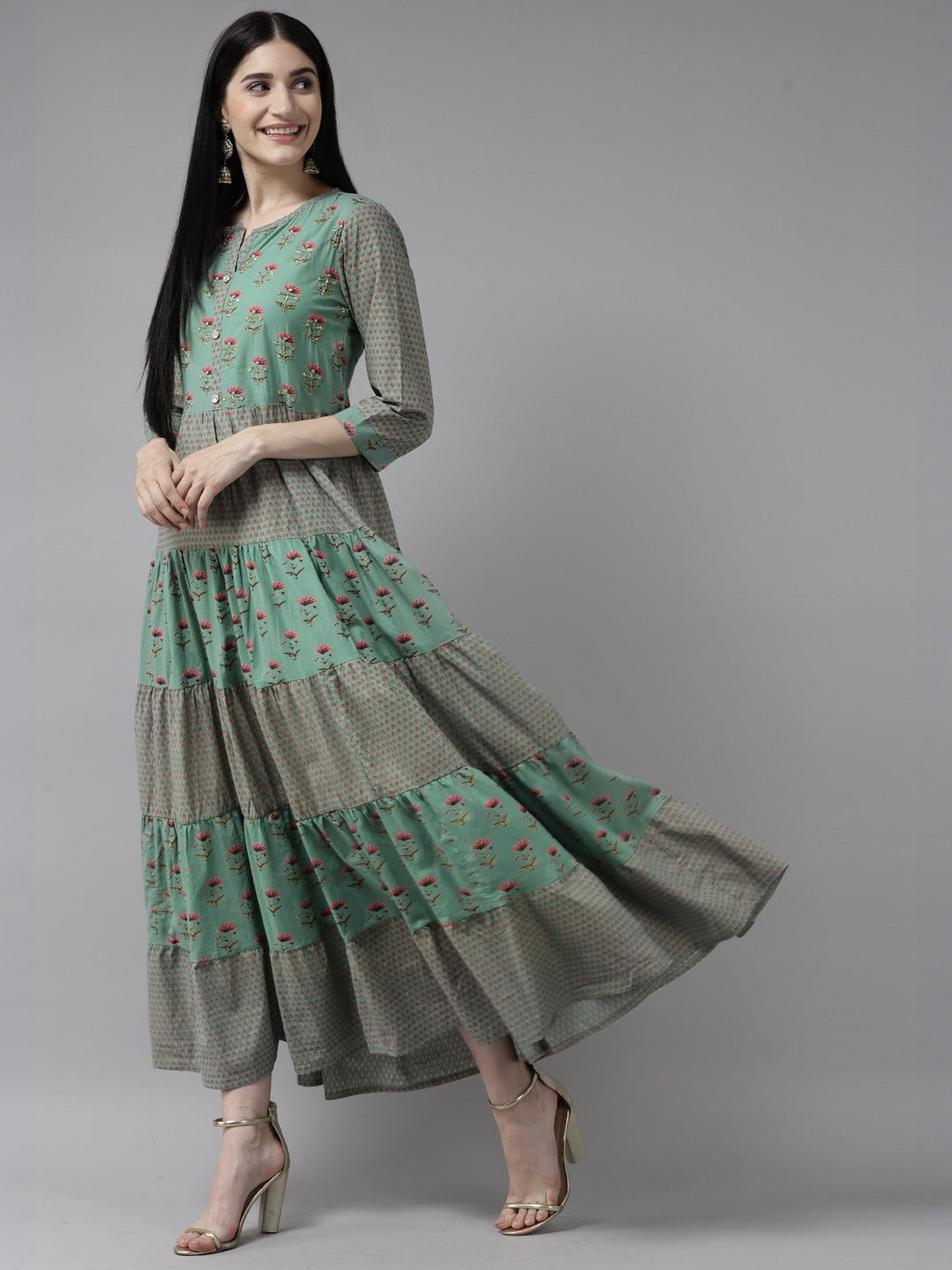 Green Floral Maxi Dress-Yufta Store-2806DRSGRS