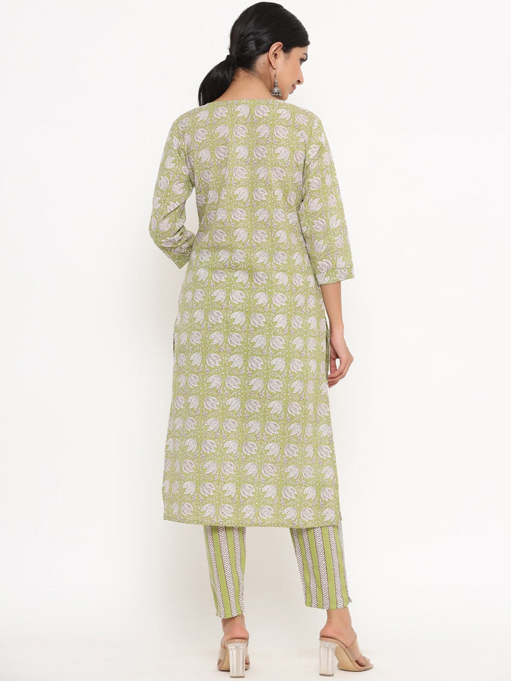 Green Printed Cotton kurta Set-Yufta Store-4753SETGRM