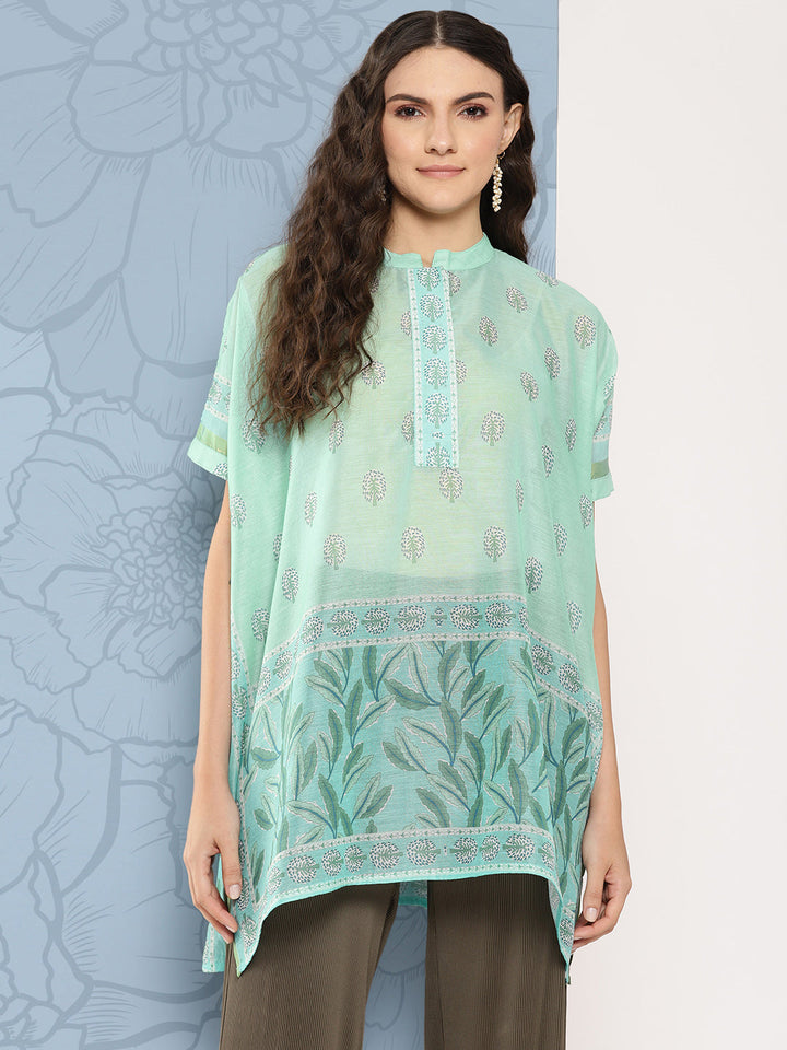Green Printed Ethnic Chanderi Cotton Kaftan Longline Top-Yufta Store-1410TOPGR