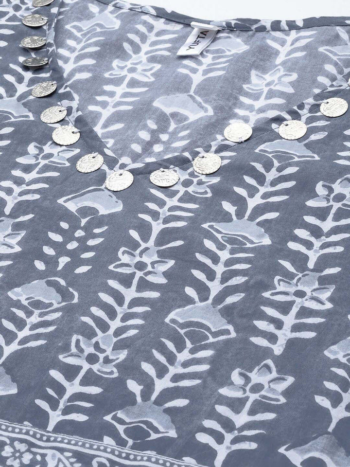 Grey & Off White Printed Kaftan-Yufta Store-9290KFTGYS