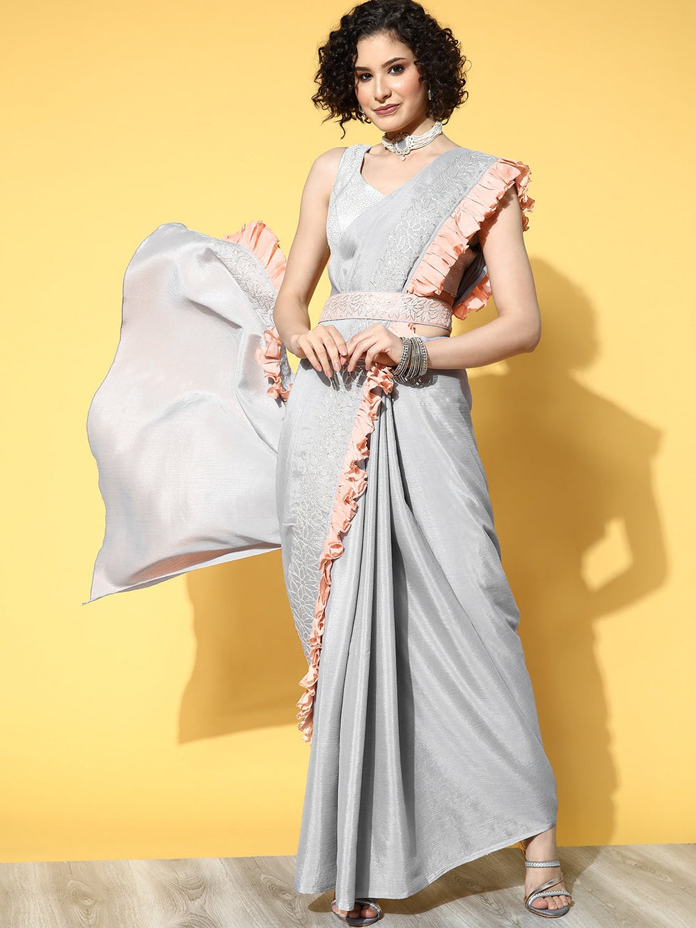 Grey & Peach Solid Embroidered Party Saree-Yufta Store-9732SARGY
