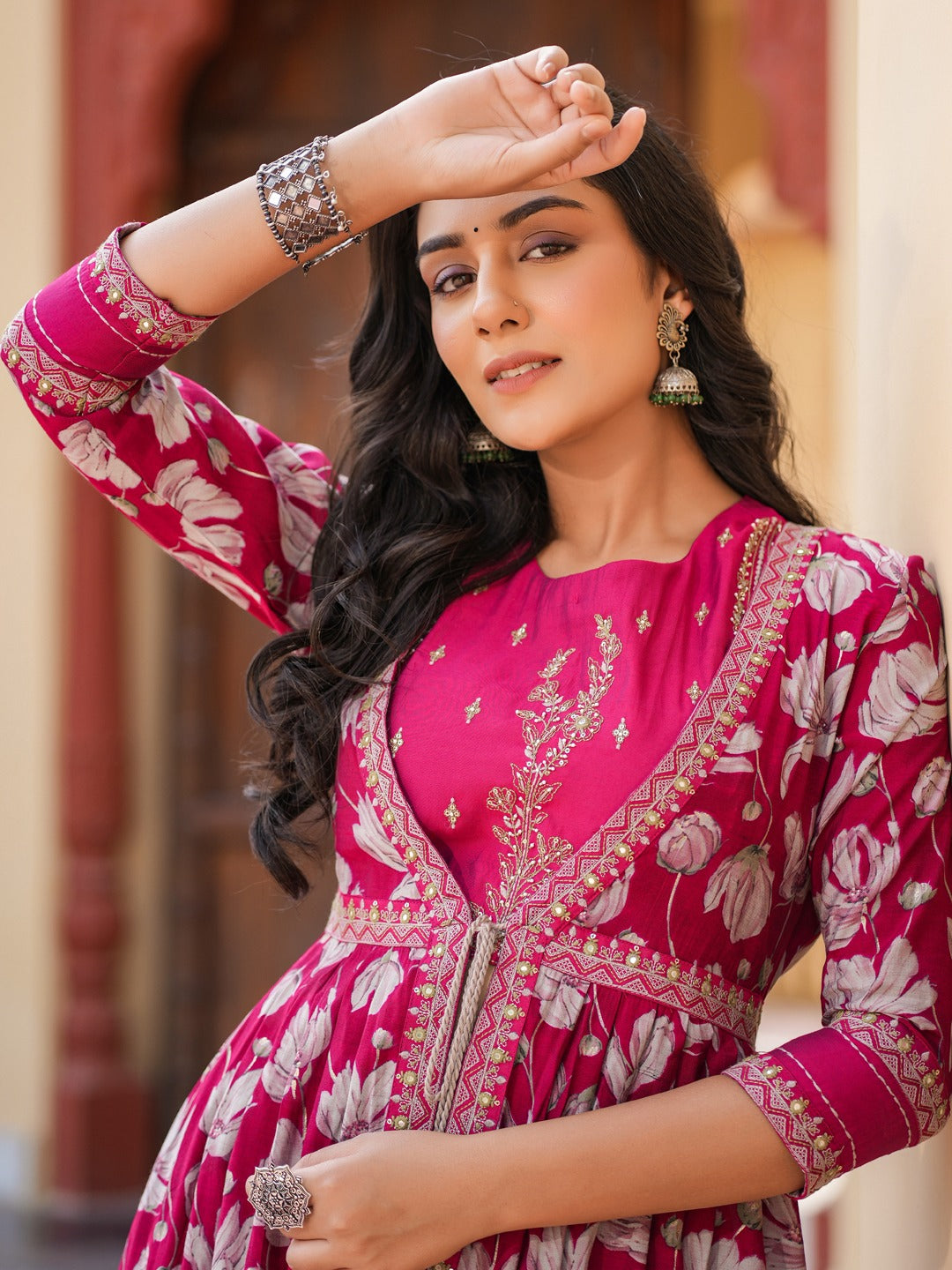 Hot Pink Embroidered shrug Crop top co ord set-Yufta Store-1685CRDHPS