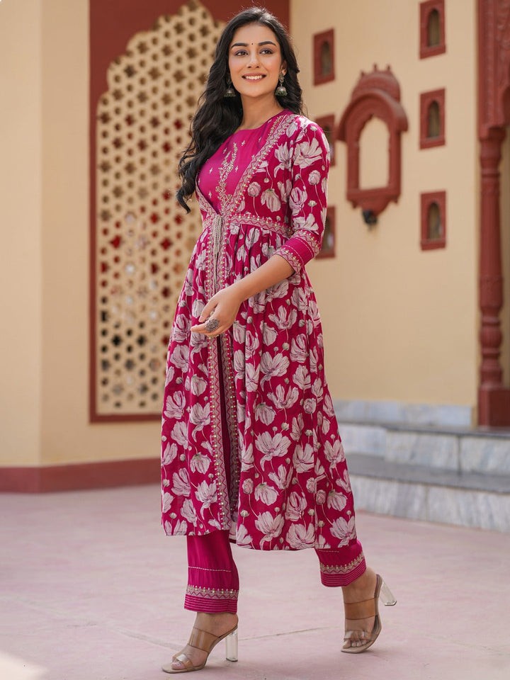 Hot Pink Embroidered shrug Crop top co ord set-Yufta Store-1685CRDHPS