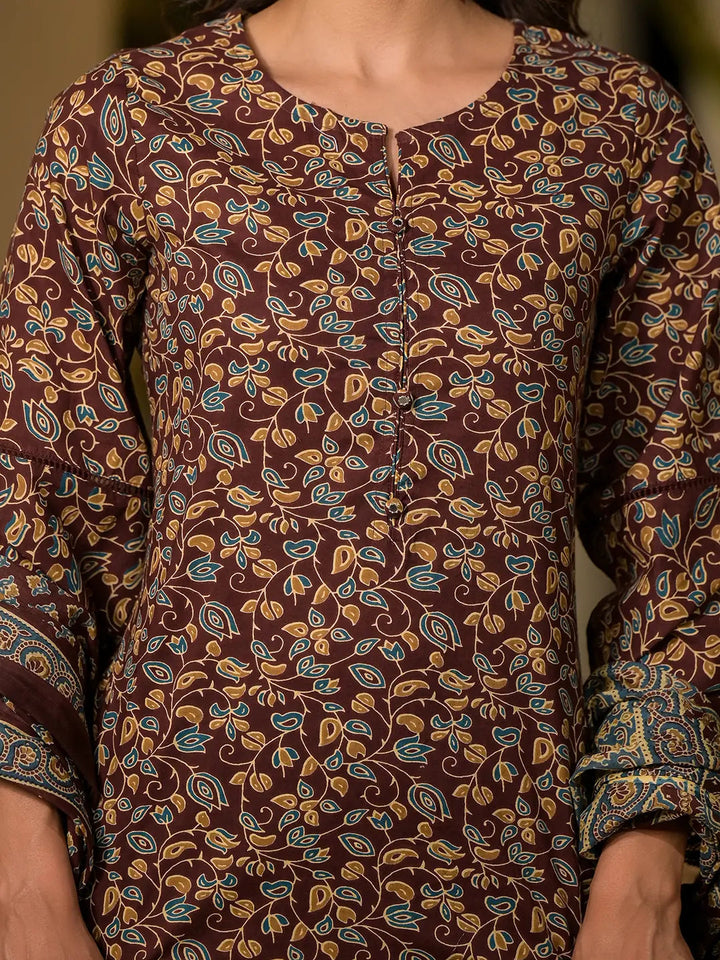 Maroon Floral Print Piping On Yoke Pakistani Style Kurta With Trousers And Dupatta Set-Yufta Store-1009SKDMRS
