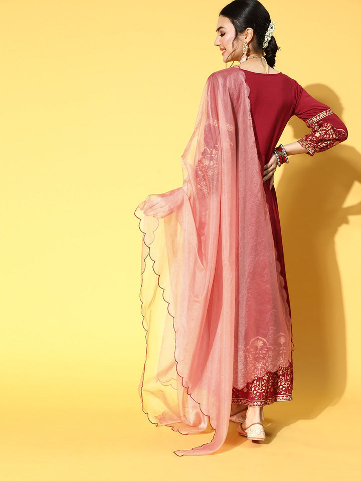 Maroon Yoke Design Dress With Dupatta-Yufta Store-9526DRSMRS