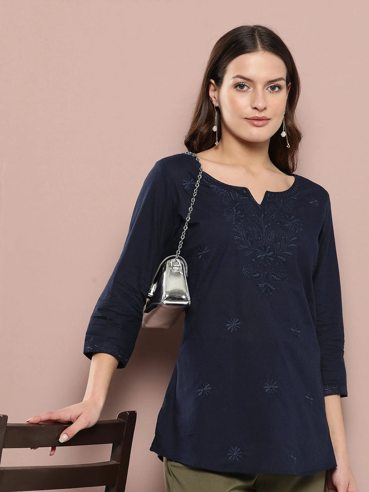 Navy Blue Floral Chikankari Embroidered Pure Cotton Top-Yufta Store-1861TOPBLS