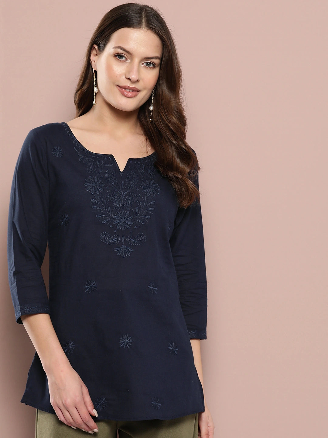Navy Blue Floral Chikankari Embroidered Pure Cotton Top-Yufta Store-1861TOPBLS