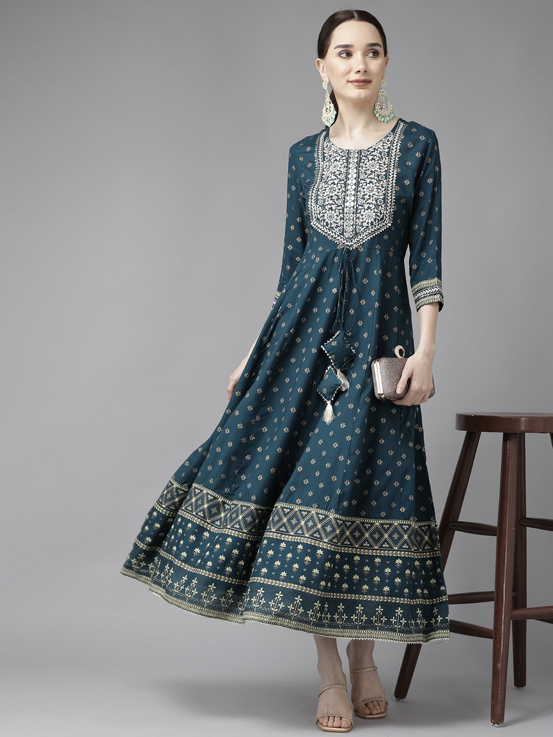Navy Blue Print Maxi Dress-Yufta Store-2193DRSTBS