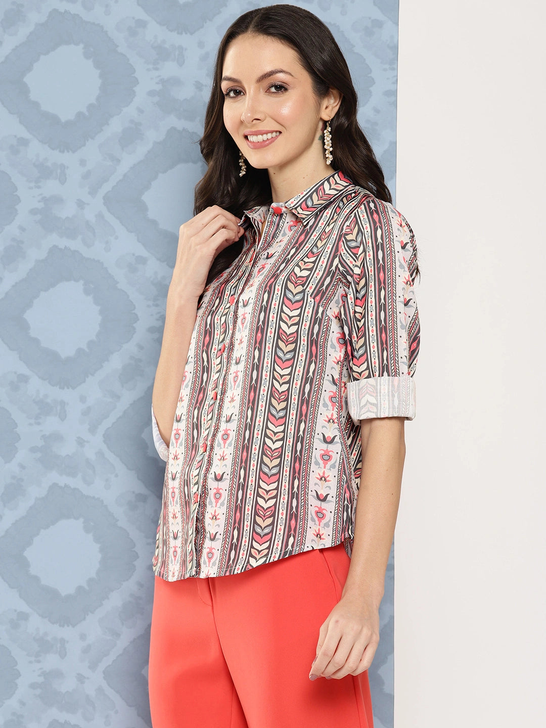Off white ethnic motifs printed opaque Casual Shirt-Yufta Store-1418TOPBLS
