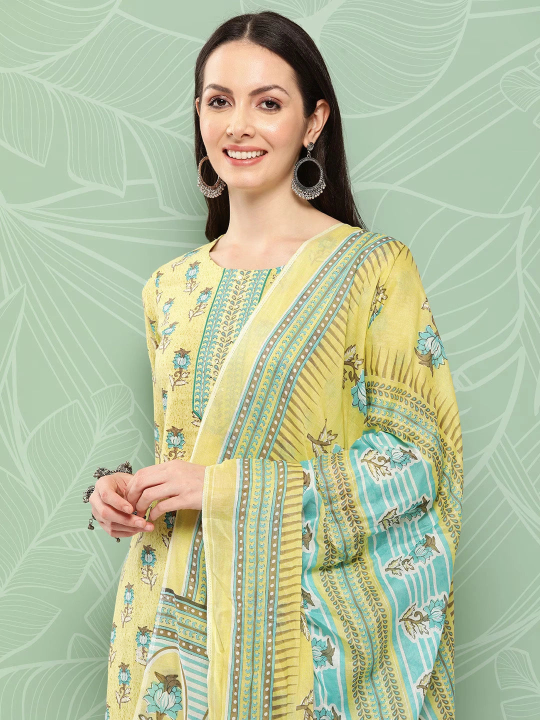 Olive Green Floral Printed Pure Cotton Kurta With Trouser And Dupatta-Yufta Store-1371SKDOLS