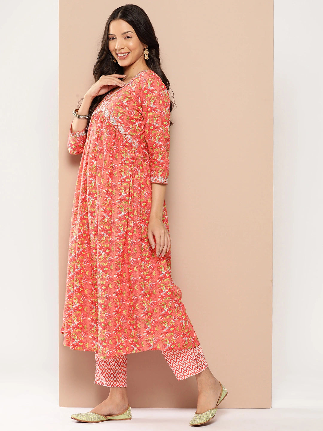 Peach Floral Print Thread Work Pure Cotton alia-cut Kurta with Trousers & With Dupatta Set-Yufta Store-1374SKDORS