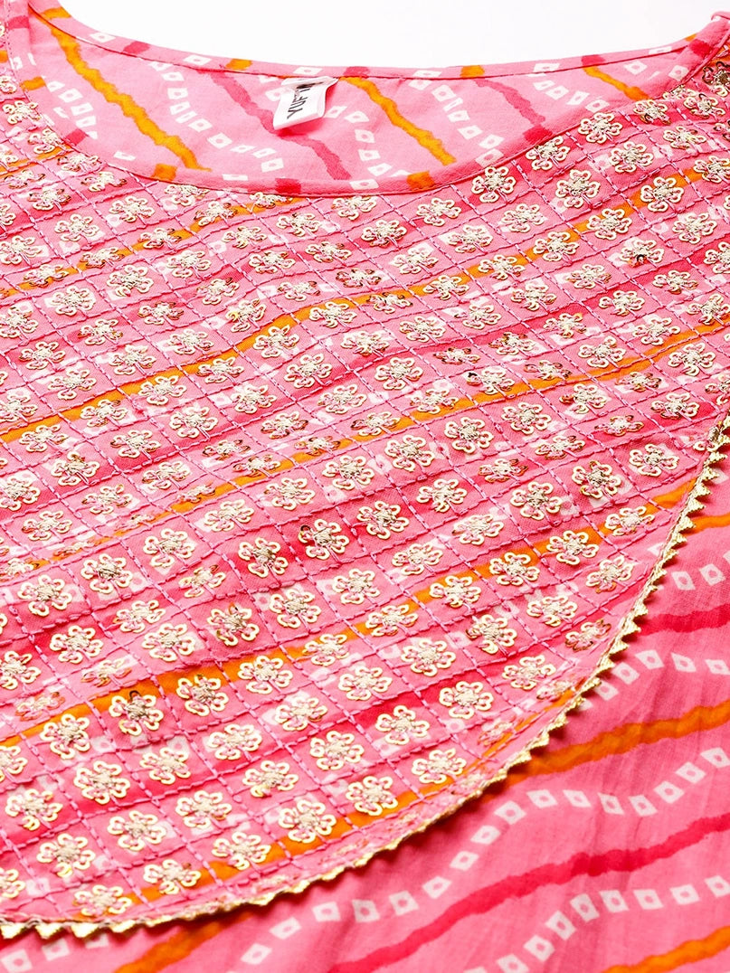 Pink Bandhani Yoke Design Kurta Set-Yufta Store-9325SETPKM