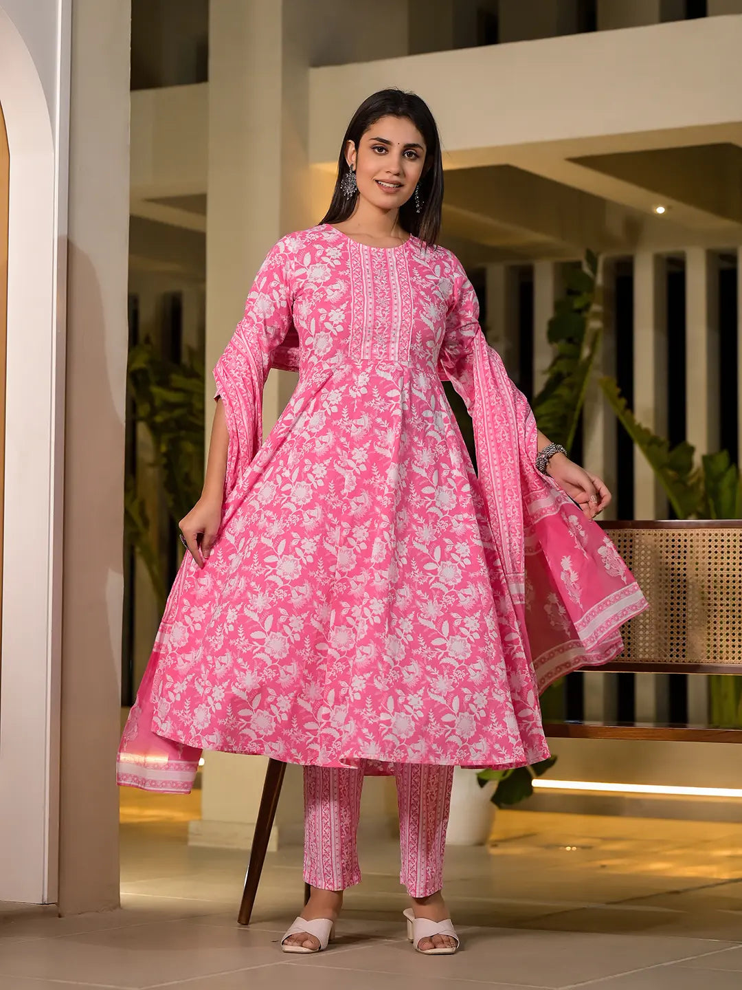 Pink Cotton Anarkali Style Sequins_Work Kurta With Trousers And Dupatta Set-Yufta Store-6892SKDPKS