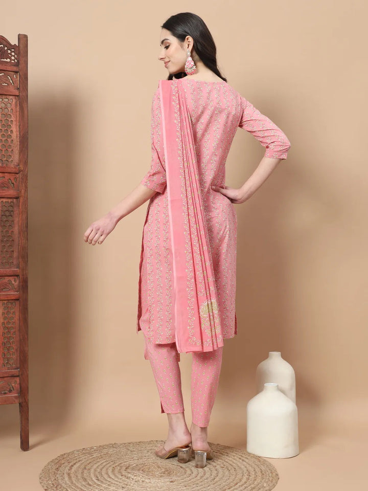 Pink Ethnic Motifs,Thread_Work Straight Kurta Trouser And Dupatta Set-Yufta Store-6812SKDPKS
