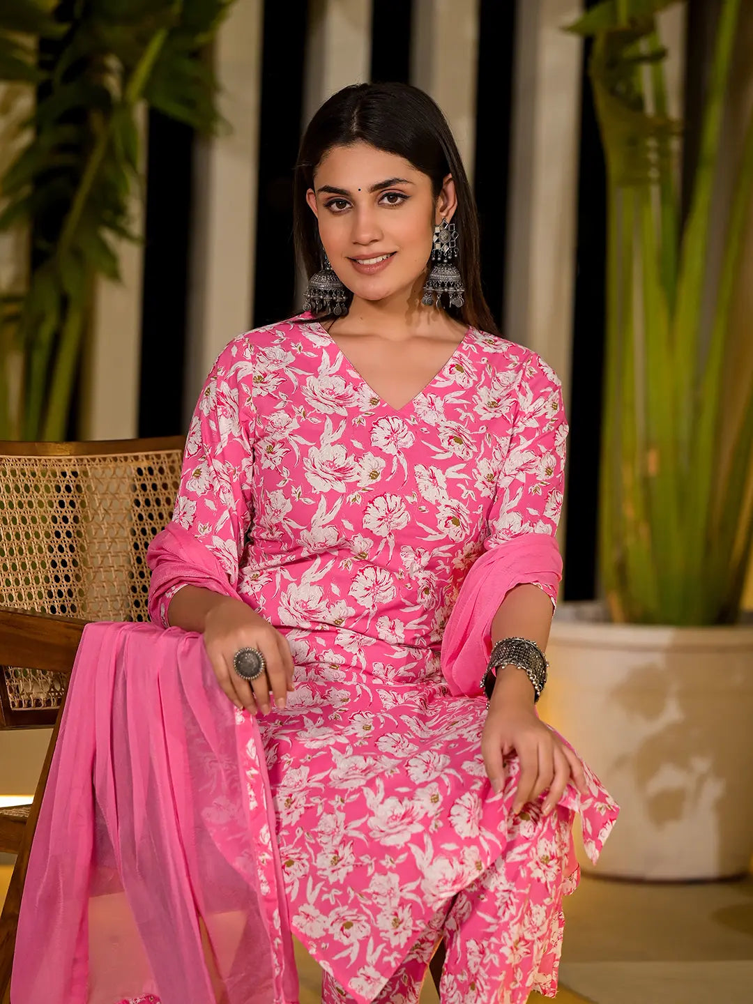 Pink Floral Print Cotton Straight Kurta With Trousers And Dupatta Set-Yufta Store-6893SKDPKS