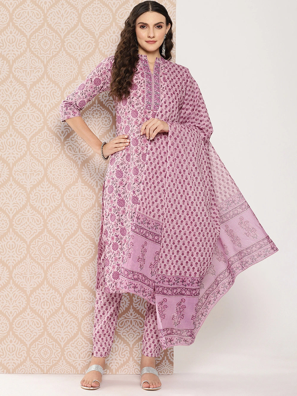 Pink Floral Print Pure Cotton Kurta with Trousers & Dupatta Set-Yufta Store-1446SKDLVS