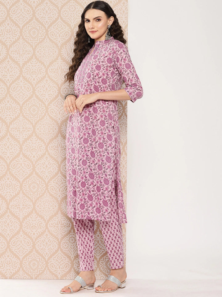Pink Floral Print Pure Cotton Kurta with Trousers & Dupatta Set-Yufta Store-1446SKDLVS