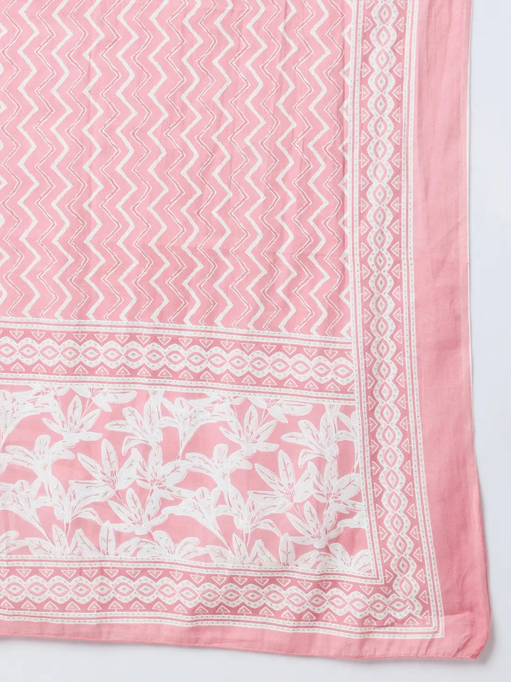 Pink Floral Print Sequins_Work Straight Kurta Trouser And Dupatta Set-Yufta Store-1752SKDPKS