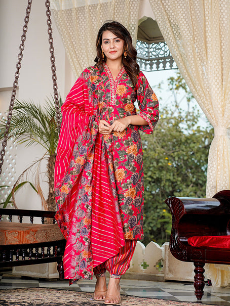Pink Floral Printed Regular Chanderi Silk Kurta with Salwar & With Dupatta-Yufta Store-1527SKDPKS
