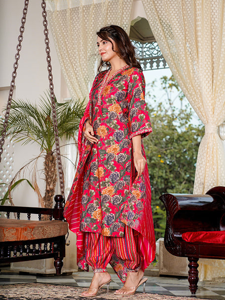 Pink Floral Printed Regular Chanderi Silk Kurta with Salwar & With Dupatta-Yufta Store-1527SKDPKS