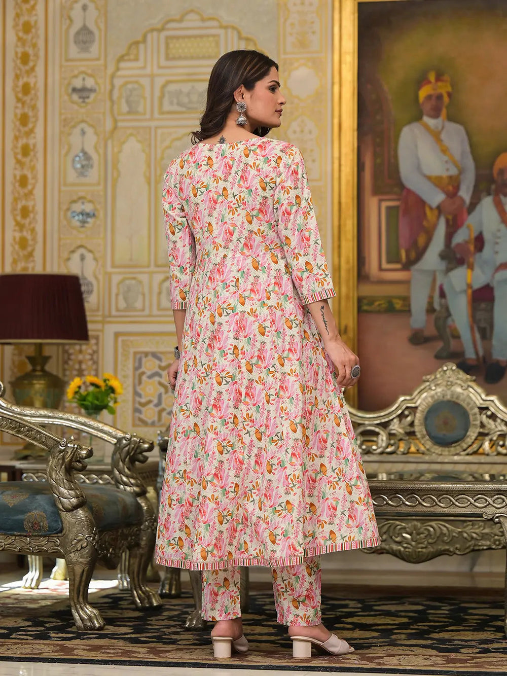 Pink Leaf Print Zari Work Anarkali Kurta Trouser With Dupatta Set-Yufta Store-6920SKDPKS