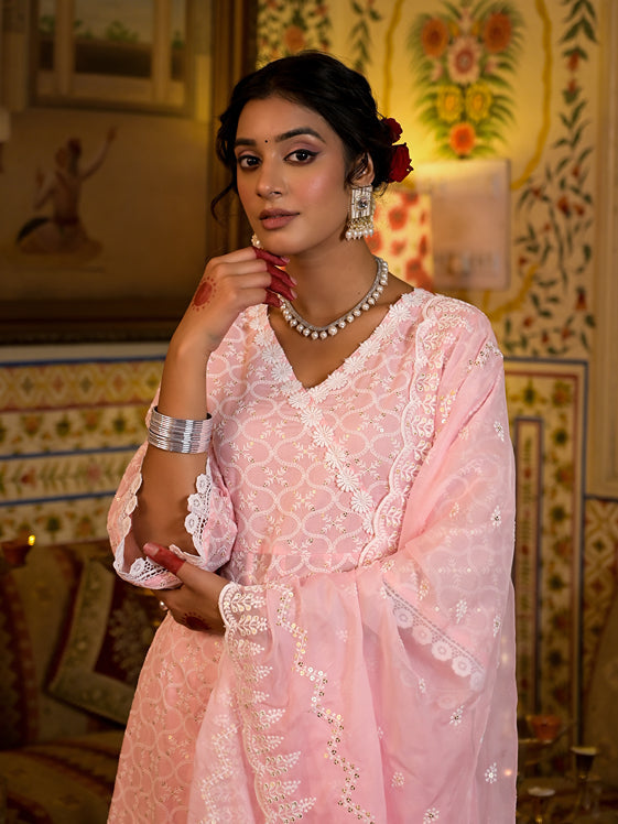 Pink Pure Cotton Angrakha Anarkali Kurta Trouser With Dupatta Set-Yufta Store-1557SKDPKS