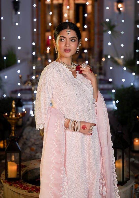 Pink Pure Cotton Angrakha Anarkali Kurta Trouser with Dupatta Set