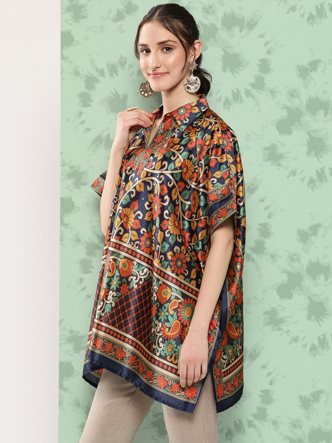 Printed Kimono Sleeve Kaftan Longline Top-Yufta Store-1398TOPBL