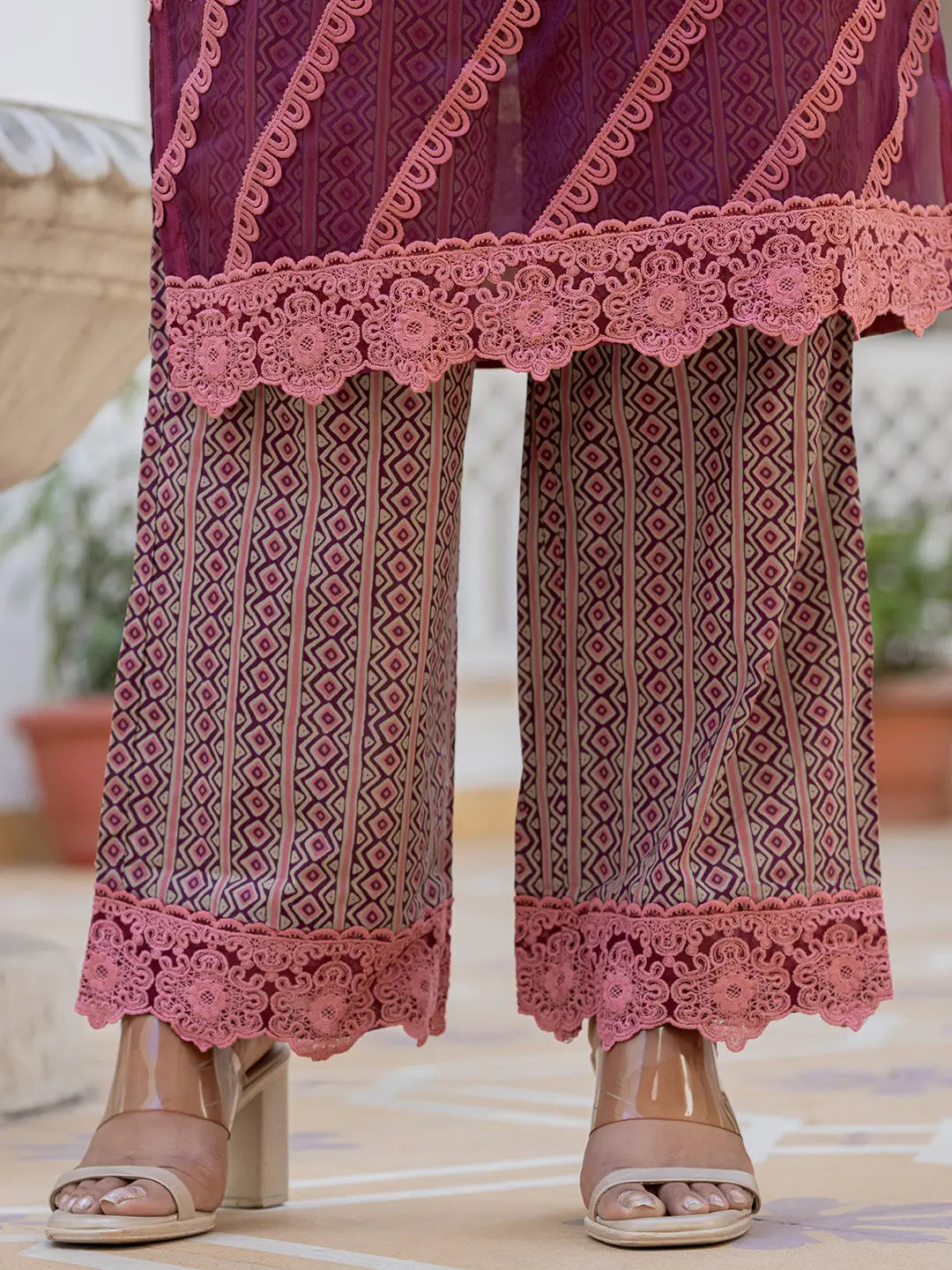 Purple Floral Print Pakistani Style Kurta Trouser And Dupatta Set With Lace Work-Yufta Store-6885SKDPRM
