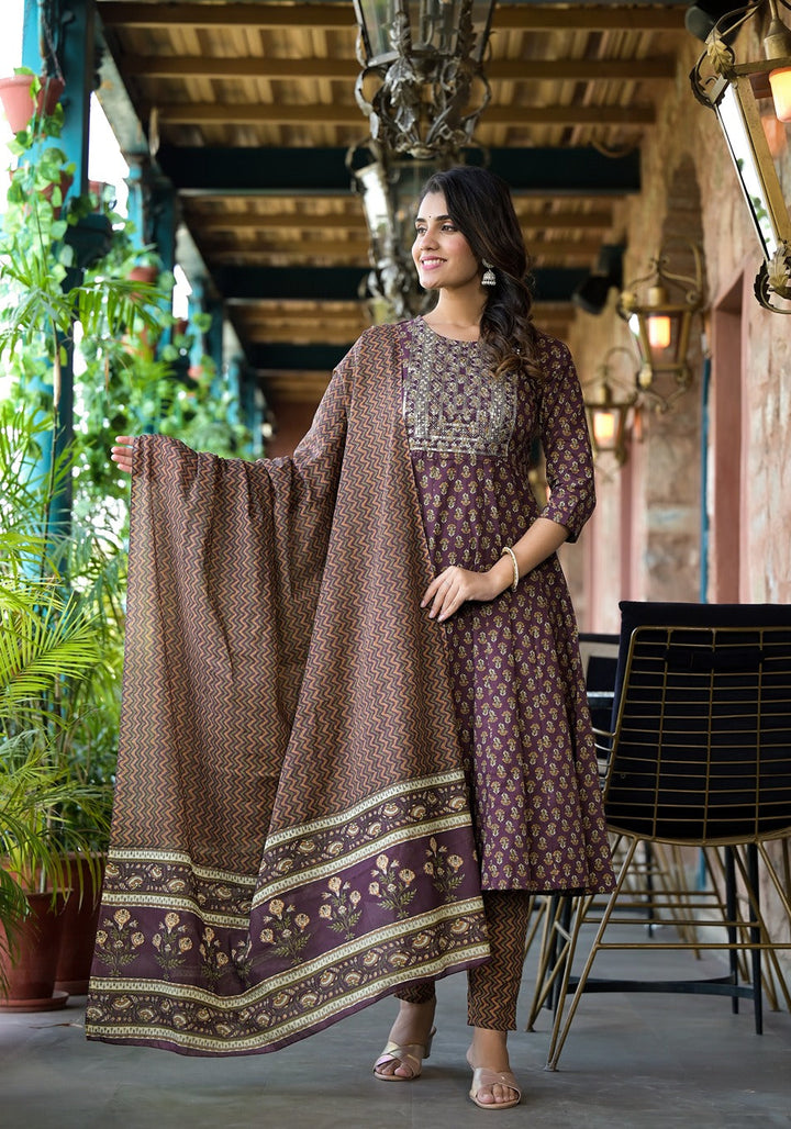 Purple Pure Cotton Anarkali Floral Thread Work Kurta Trouser With Dupatta Set-Yufta Store-1186SKDPRS