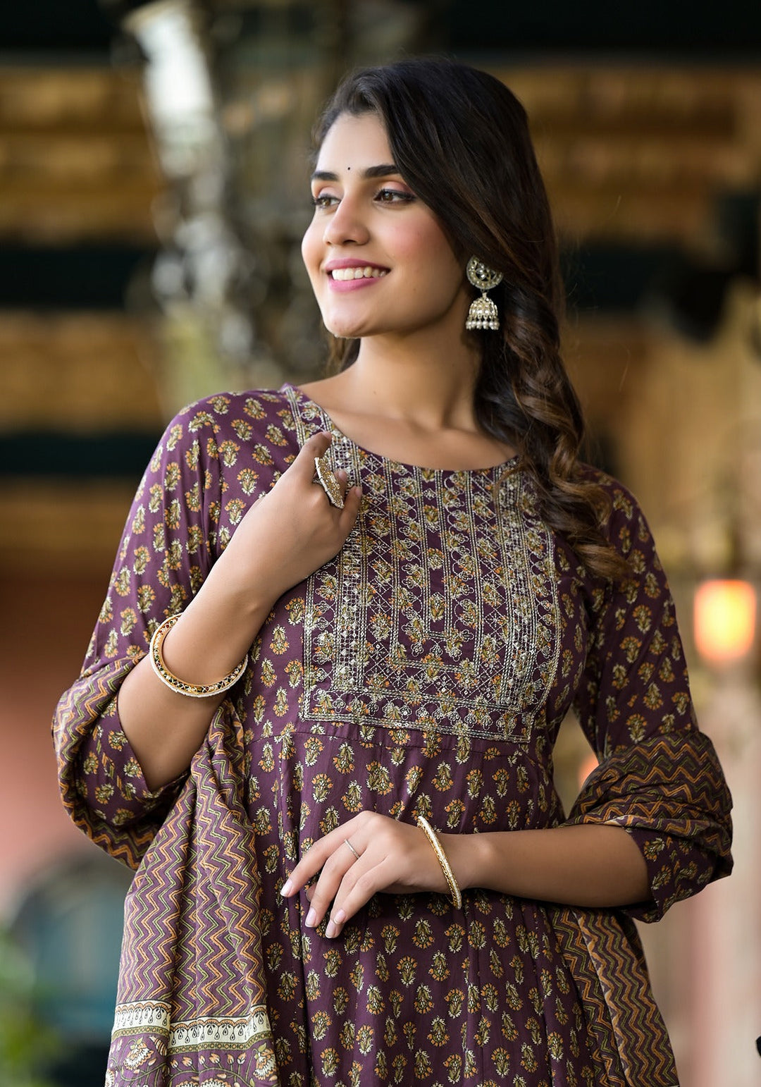 Purple Pure Cotton Anarkali Floral Thread Work Kurta Trouser With Dupatta Set